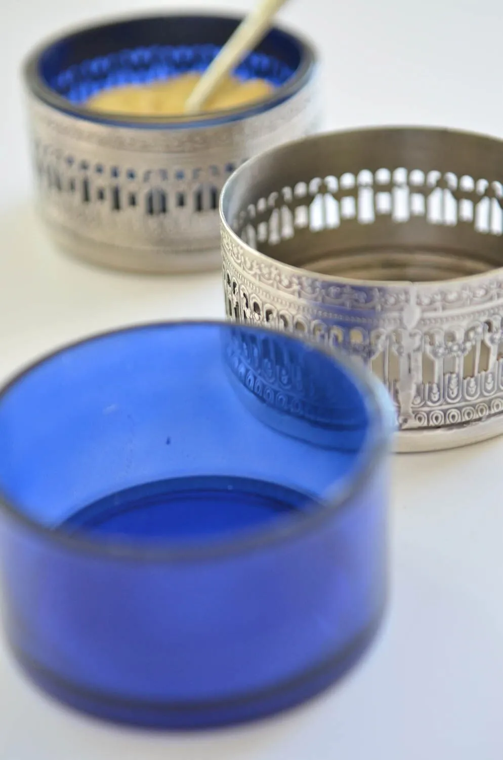 Round Blue Glass Condiment Pot - Image 3