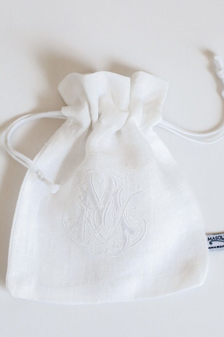 Embroidered Monogram Linen Drawstring Bag