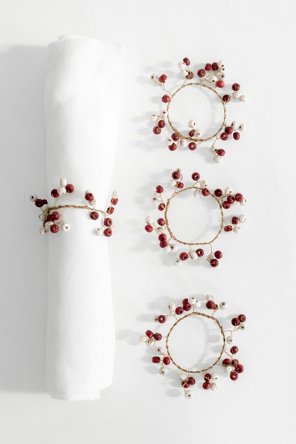 Red and White Wooden Bead Napkin Rings set of 4